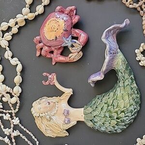 Vintage Blue Sky Heather Goldminc Mermaid tea light wall hanger & Crab t-lite